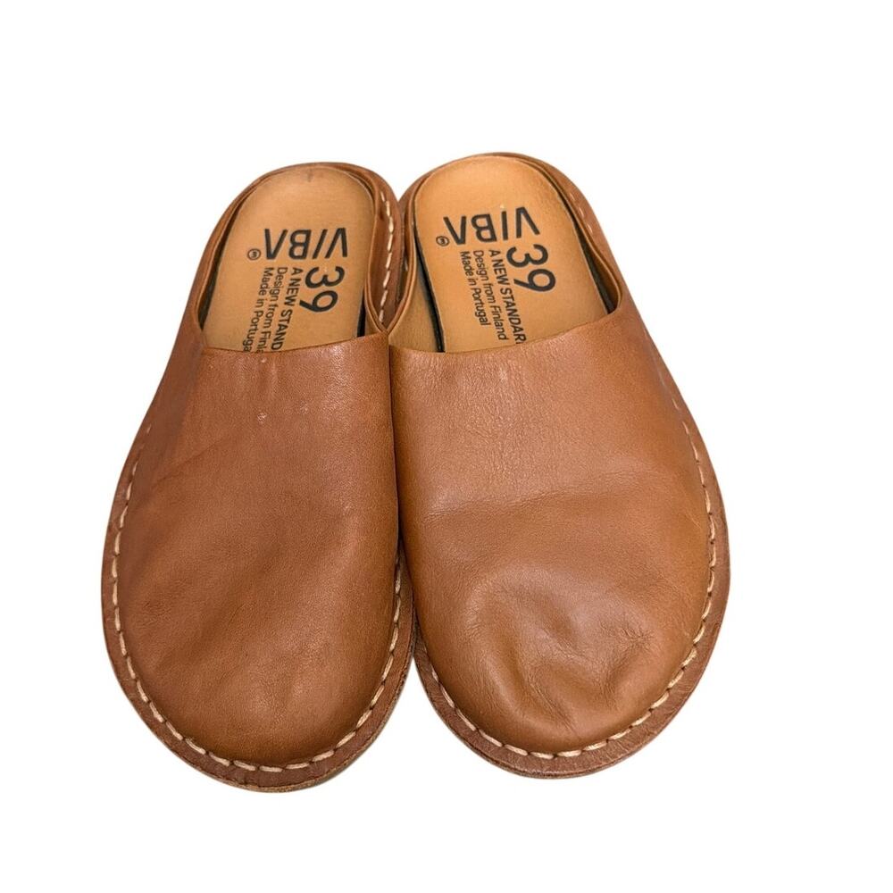 VIBAe Roma Leather Mules Minimalist Cognac Brown Slip On Clog Shoes 39 9
